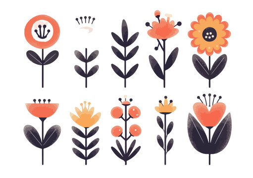 Cole&ccedil;&atilde;o vetorial de ilustra&ccedil;&otilde;es minimalistas de flores e folhagens em estilo escandinavo com fundo transparente.