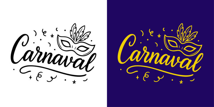 Palabra Carnaval con florituras de adorno y m&aacute;scara con plumas para felicitaciones y tarjetas 