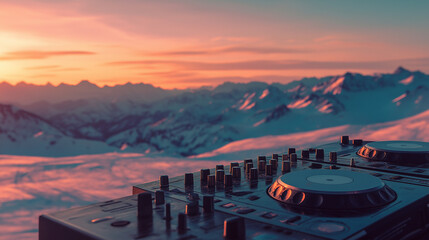 DJ booth in skyline among snow-capped mountains at sunset while people ski in the background