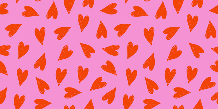 Hand drawn heart seamless pattern. Pencil sketch background with ink scribbles and crayon strokes. Cute chaotic romantic doodle surface.