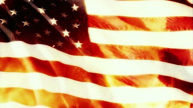 An American flag with flames and smoke effects layered over it. Commentary about political controversy, the collapse of democracy.
