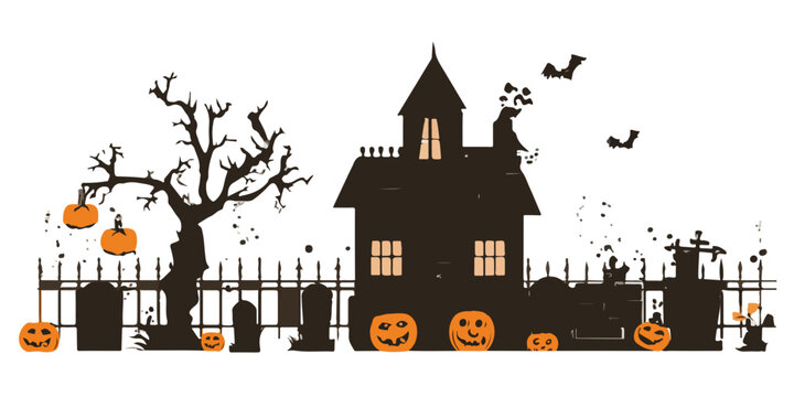 Silhueta assustadora de casa mal-assombrada com ab&oacute;boras, l&aacute;pides e &aacute;rvores secas para o Halloween.