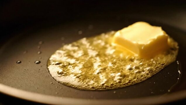 Close-up of butter melting in a hot pan, preparing for cooking.