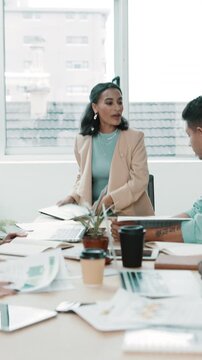 Meeting, angry businesswoman or fight with laptop for story criticism, company ruin or disappointed. Rage, editor and argument with journalists in newsroom for poor performance or disciplinary action