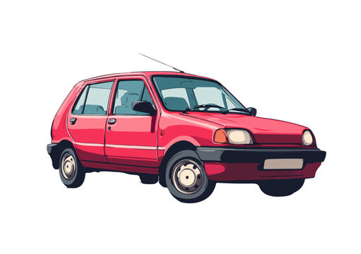 Ilustra&ccedil;&atilde;o vetorial de um carro hatchback vermelho compacto cl&aacute;ssico isolado em fundo transparente.