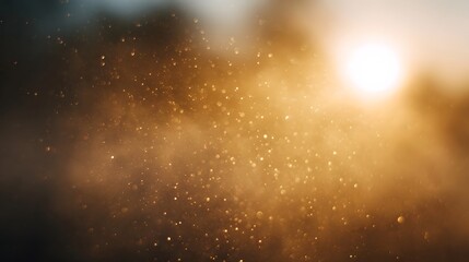 Golden dust motes sparkle and shimmer in soft hazy sunbeams creating a magical ethereal atmosphere
