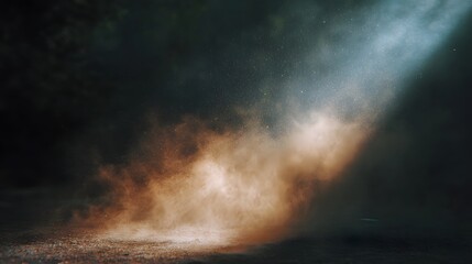 A beam of light pierces a dark hazy atmosphere illuminating swirling dust particles with warm ethereal glows