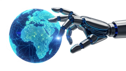 Futuristic Robotic Hand Interacting with Glowing Blue Earth Global Network 3D Render isolated PNG with Transparent Background