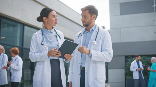 Caucasian doctors standing outside clinic. Female specialist holding tablet listening to colleague pointing at data. Medical team evaluating complications. Discussion unfolding near hospital.