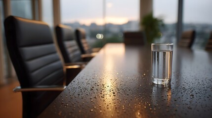 Conference room table with a glass of water office chairs and water droplets on surface at dawn overlooking cityscape