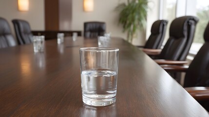 A glass of water rests on a polished wooden conference table in an empty formal boardroom awaiting a meeting