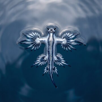 Aerial macro of Glaucus atlanticus nudibranch suspended at water surface showing radial symmetry. Silver-blue coloring fully displayed. For marine biology and wonder content.