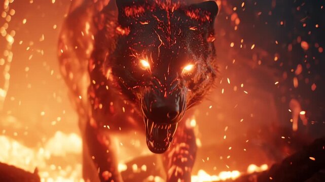 Wolf fire Demon Beast surrounded by bright sparks and heat