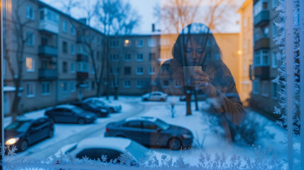 Woman drinking hot beverage looking through frosted window at snowy city street during blue hour