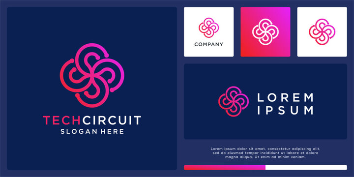 Tech circuit logo design template rounded line