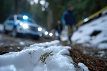 A blurry view of police vehicles and officers moving in a snow-covered wooded area signifies action and urgency in crime scene management.