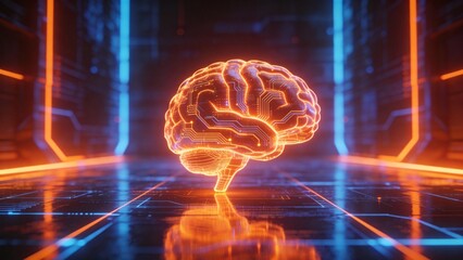 Digital brain in futuristic corridor