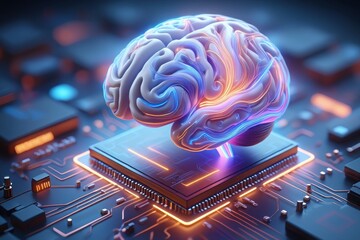 A futuristic brain on a circuit board with neon lights and colorful details