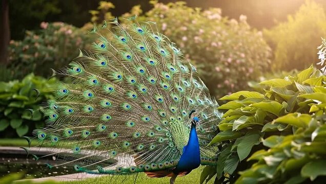 Majestic Peacock Displaying Vibrant Feathers in Lush Green Garden.