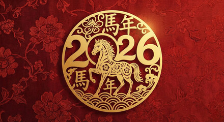 Happy Chinese New Year 2026 Year of the Horse Celebration Background with 3D Golden Stallion, Traditional Red Fan, and Lucky Chinese Knot
