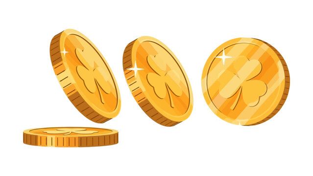 A collection of shiny gold coins with a clover leaf emblem, some are spinning in the air.