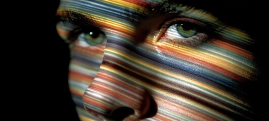 Artistic close up of human eyes with colorful light stripes across face on black background Concept of perception and modern identity