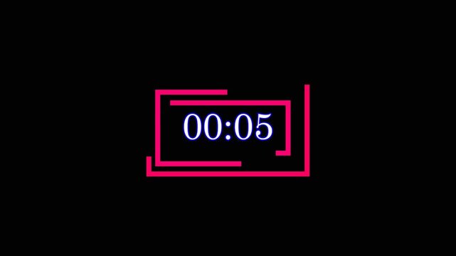Neon Digital Countdown Timer 00:05 on Black Background Futuristic Time Indicator.
