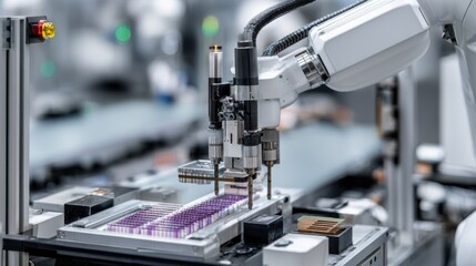 Focused view on a robotic arm placing glass slides into an automated scanner station emphasizing smooth integration of wholeslide imaging technology.