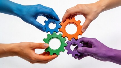 Hands with colored gears forming a unit