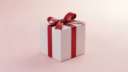 Fototapeta premium White Gift Box with Red Ribbon on Pink Background