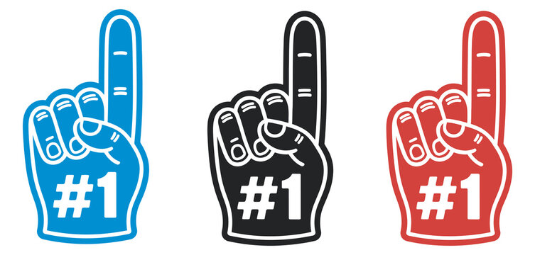 Colorful foam finger number one hand symbols, vector illustration, black, red, blue designs, sports fans, cheering, team support, celebration graphics.