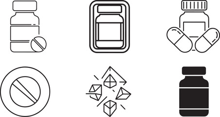 Set of diverse medicine icons featuring pill bottles, capsules, and medical symbols Vector