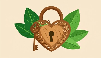 Heart shaped padlock with key and green leaves symbolizing love security