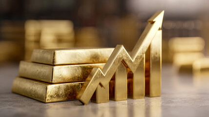 Stacked gold bars with an upward arrow illustrating gold price growth.