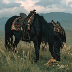 Majestic Black Horse Grazing in Grassy Field with Saddle on Back