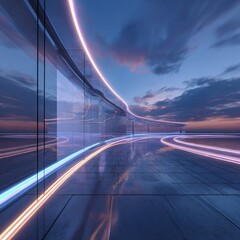 Abstract Futuristic Structure with Blue and Pink Glowing Lines on Dark Blue Sky Background