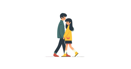 Obraz premium A minimalist flat illustration depicts a young couple, a man and a woman, walking together side by side, isolated on a clean white background for versatile graphic design use.