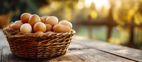 Fresh Brown Eggs in Wicker Basket on Rustic Wood Table