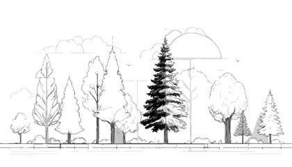 Obraz premium Vector line art illustration of diverse trees, including pine and broadleaf species, perfect for nature-themed graphic design projects with a transparent background.