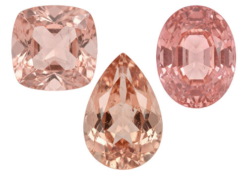 Faceted peach morganite gemstones in pear and cushion cuts