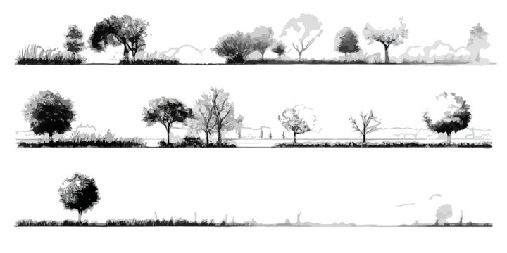 Architectural rendering elements: diverse hand-drawn trees and landscape sketches, perfect for transparent graphic design overlays.