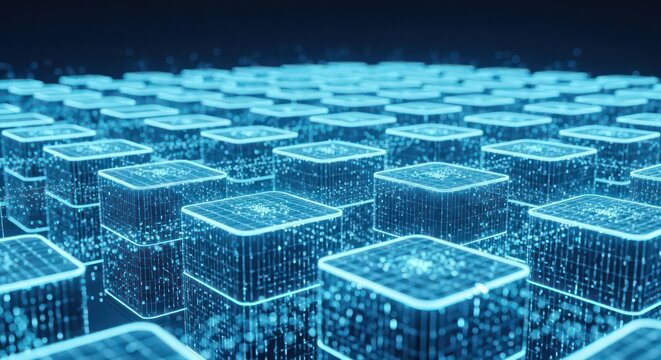 Abstract Digital Network of Glowing Blue Cubes in Futuristic Grid Pattern.