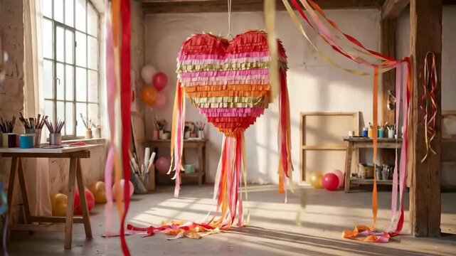 Heart Pinata Hanging in Artist Studio with Streamers for Valentine's Day Party