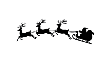 Santa claus sleigh pulled by reindeer silhouette across dark sky isolated on transparent background