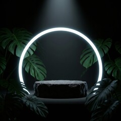 Dark Jungle Product Display with Neon Ring and Spotlight.