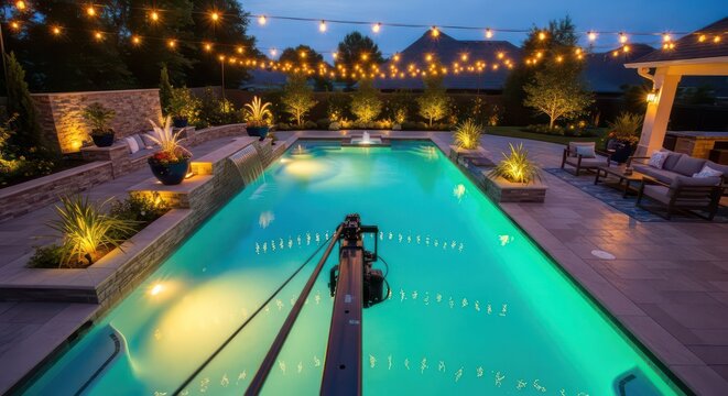 Luxurious backyard swimming pool illuminated at dusk with string lights and ambient lighting.