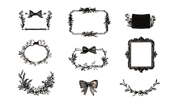 Elegant collection of vintage black and white decorative frames, ornate borders, and botanical elements with bows, perfect for graphic design.