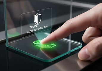 Close-up of Fingerprint Scan on Glass Surface, Access Granted Notification, Security Technology Concept