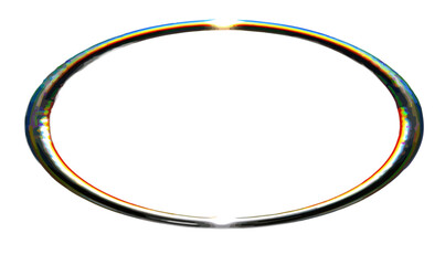 A sleek, reflective oval frame with a shimmering, iridescent border creates a modern transparent design element.