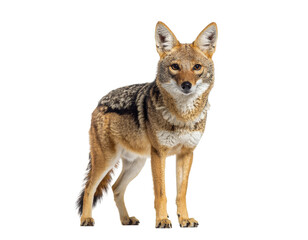 Obraz premium Coyote standing alert on white background with attentive gaze and natural fur texture